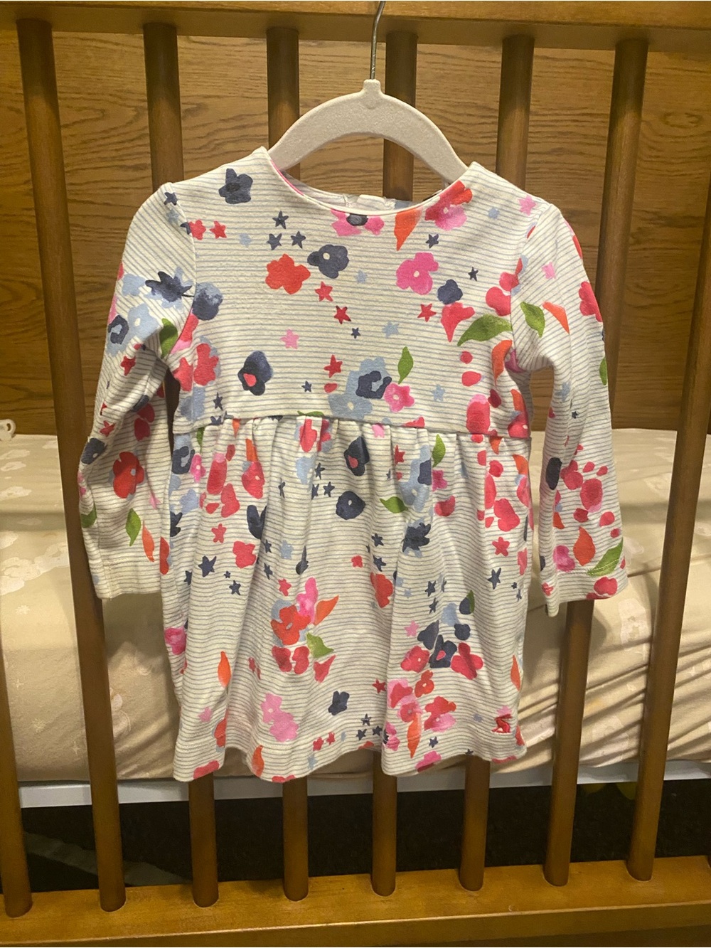 Joules White Floral Long-Sleeve Dress with Pink, Blue & Green Flowers